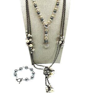 Vintage Faux Pearl & Crystal Bead Necklace & Bracelet Set - Heart Pendant